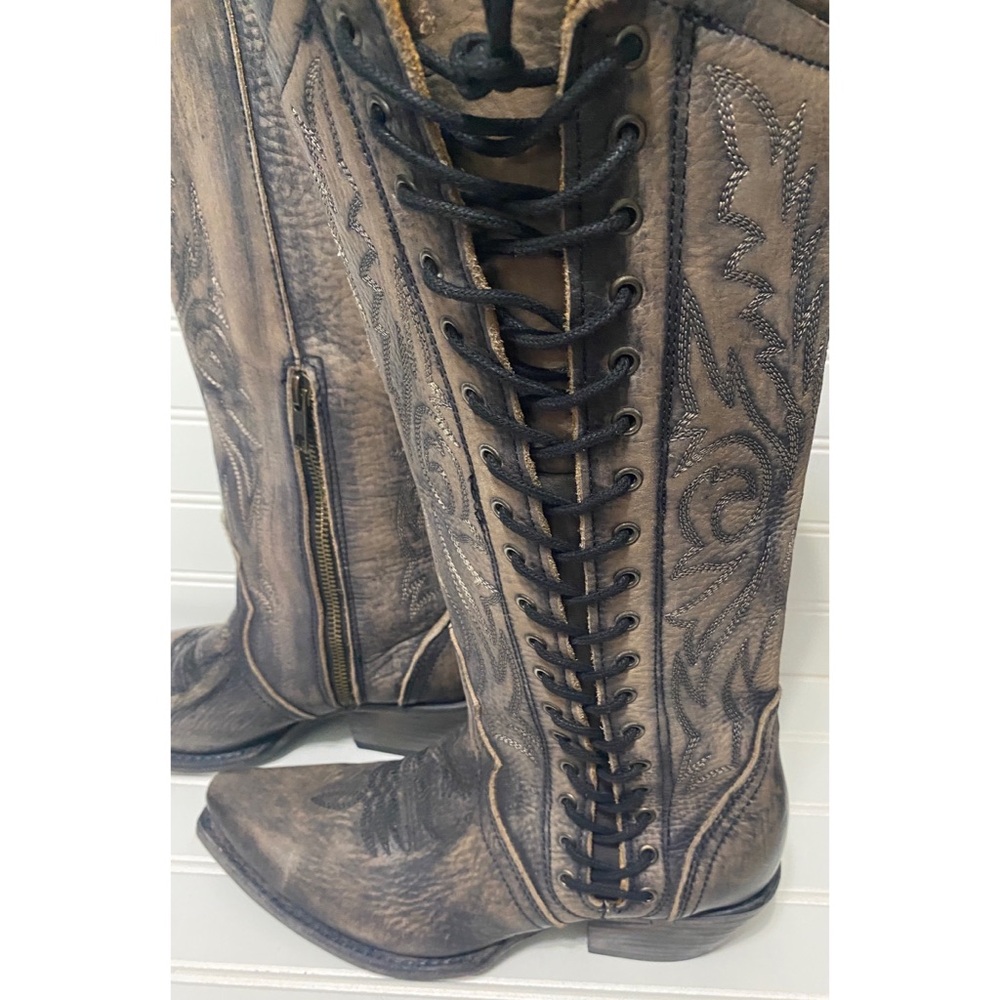 FreeBird New Wesley Black Gray Leather Lace Up Western Boho Boots Womens Size 6 - Picture 5 of 8